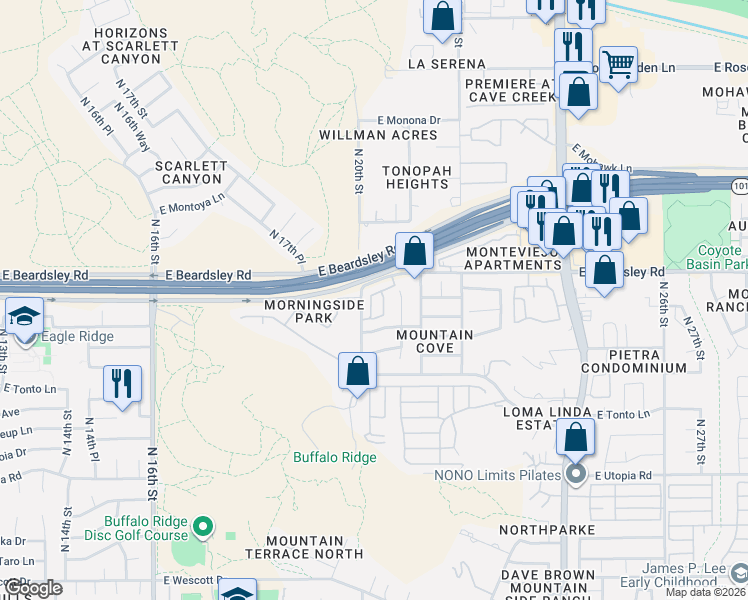 map of restaurants, bars, coffee shops, grocery stores, and more near 20025 North 20th Street in Phoenix