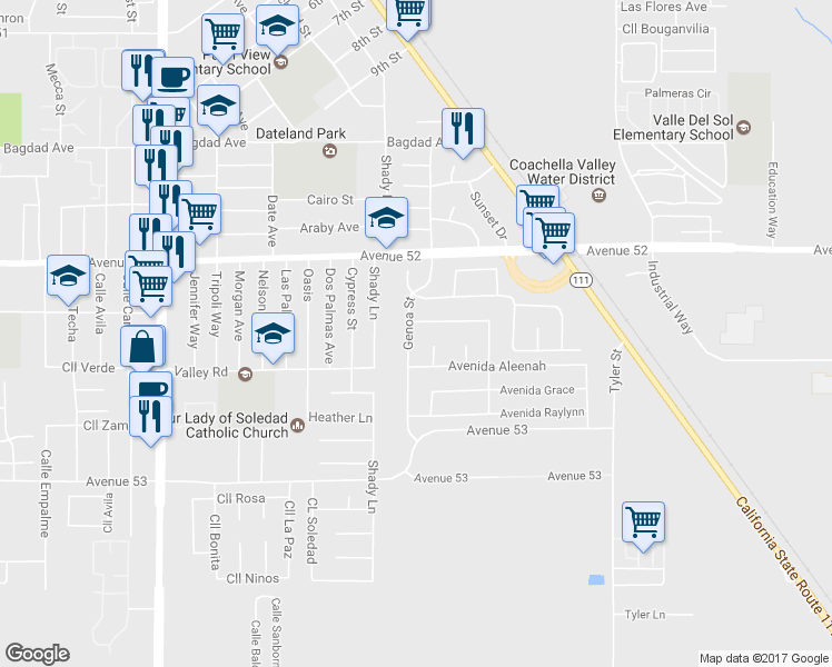 map of restaurants, bars, coffee shops, grocery stores, and more near 85774 Avenida Veronica in Coachella