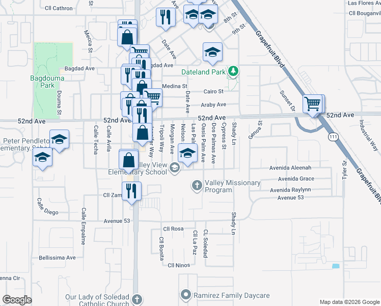 map of restaurants, bars, coffee shops, grocery stores, and more near 52300 Las Palmas Street in Coachella
