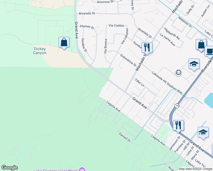 map of restaurants, bars, coffee shops, grocery stores, and more near 15035 Grand Avenue in Lake Elsinore