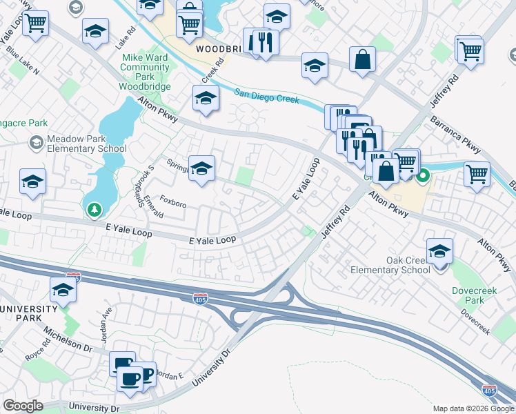 map of restaurants, bars, coffee shops, grocery stores, and more near 527 Springbrook North in Irvine