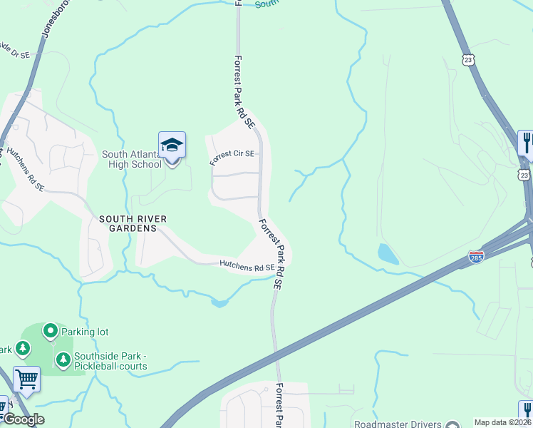 map of restaurants, bars, coffee shops, grocery stores, and more near 3117 Forrest Park Road Southeast in Atlanta