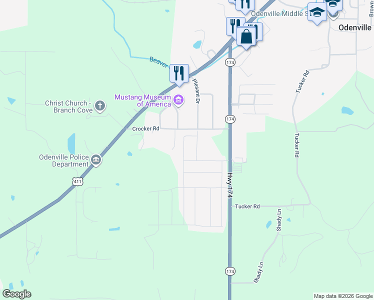 map of restaurants, bars, coffee shops, grocery stores, and more near 423 Crocker Road in Odenville