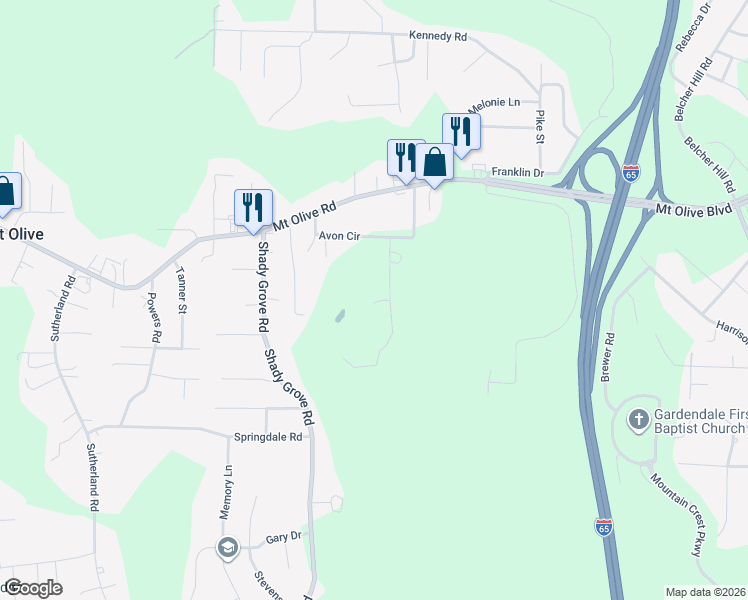 map of restaurants, bars, coffee shops, grocery stores, and more near 2250 Dusty Lane in Mount Olive