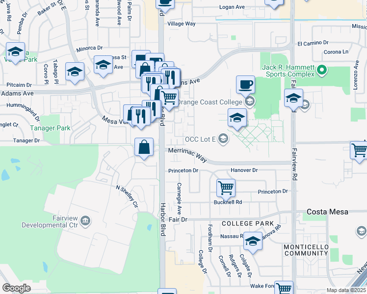 map of restaurants, bars, coffee shops, grocery stores, and more near 403 Aura Drive in Costa Mesa