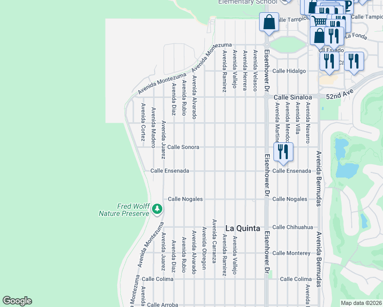 map of restaurants, bars, coffee shops, grocery stores, and more near 52295 Avenue Alvarado in La Quinta