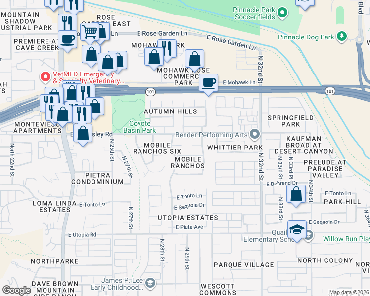 map of restaurants, bars, coffee shops, grocery stores, and more near 2934 East Escuda Road in Phoenix
