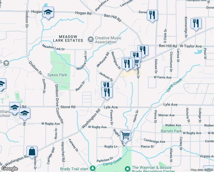 map of restaurants, bars, coffee shops, grocery stores, and more near 2320 Jackson Drive in East Point