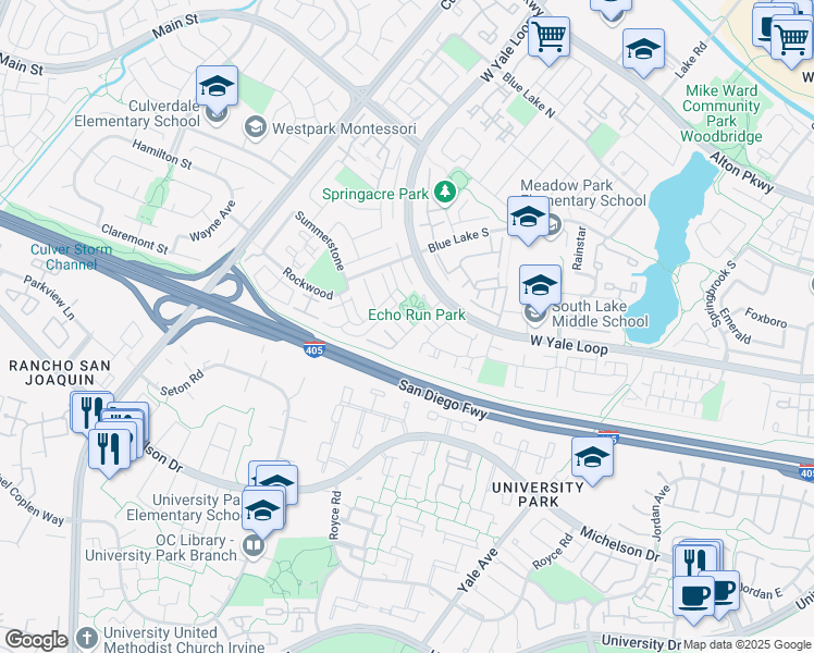 map of restaurants, bars, coffee shops, grocery stores, and more near 32 Echo Run in Irvine