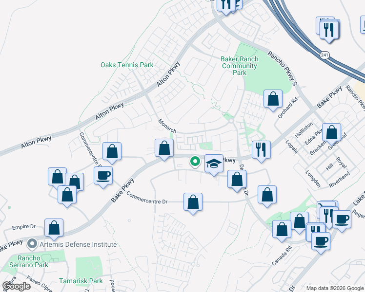 map of restaurants, bars, coffee shops, grocery stores, and more near 56 Clover in Lake Forest