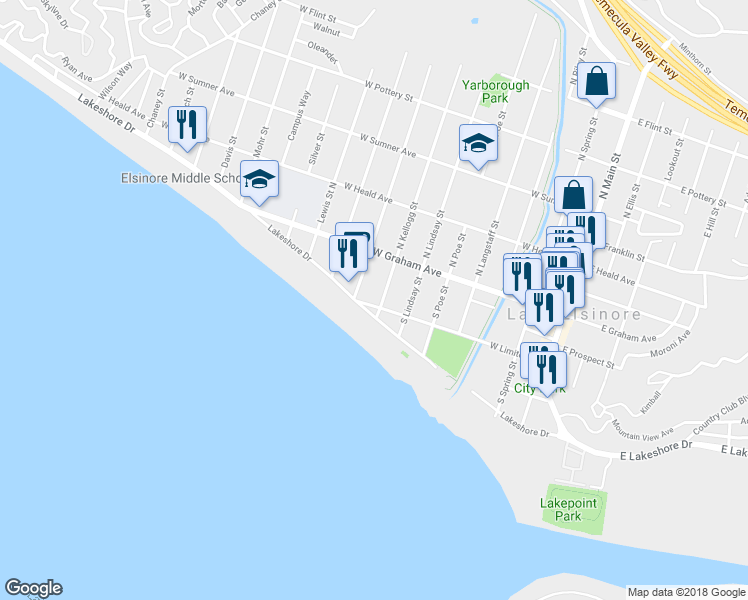 map of restaurants, bars, coffee shops, grocery stores, and more near 703 West Limited Street in Lake Elsinore
