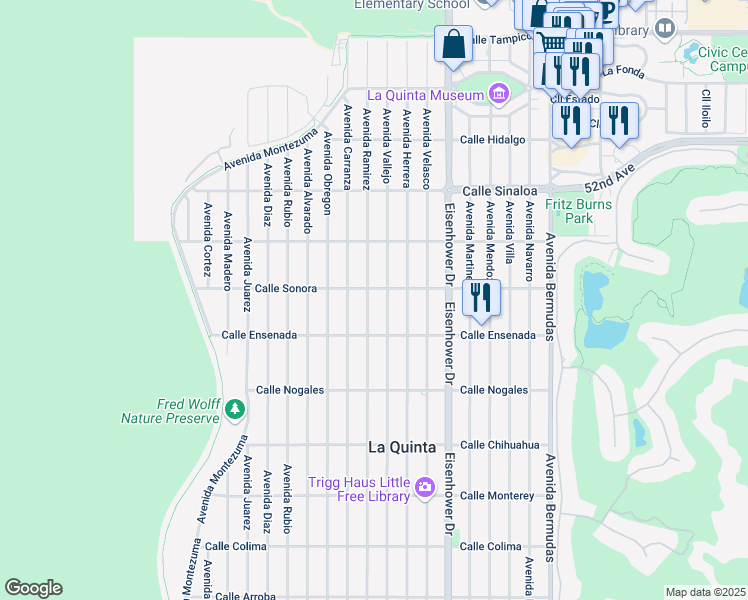 map of restaurants, bars, coffee shops, grocery stores, and more near 52260 Avenue Ramirez in La Quinta