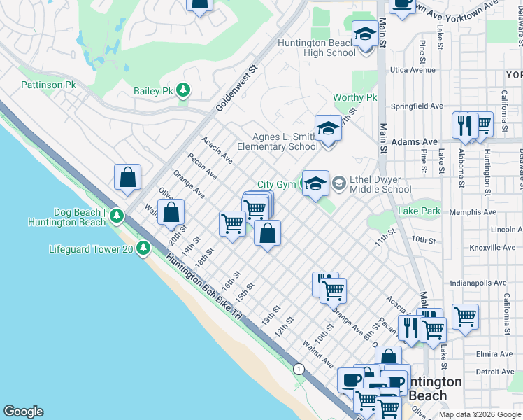 map of restaurants, bars, coffee shops, grocery stores, and more near 505 17th Street in Huntington Beach