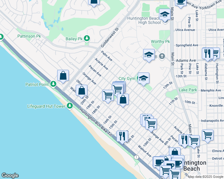 map of restaurants, bars, coffee shops, grocery stores, and more near 419 18th Street in Huntington Beach