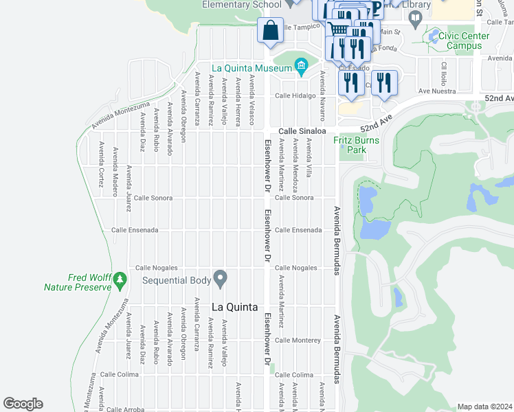map of restaurants, bars, coffee shops, grocery stores, and more near 52300 Avenue Velasco in La Quinta