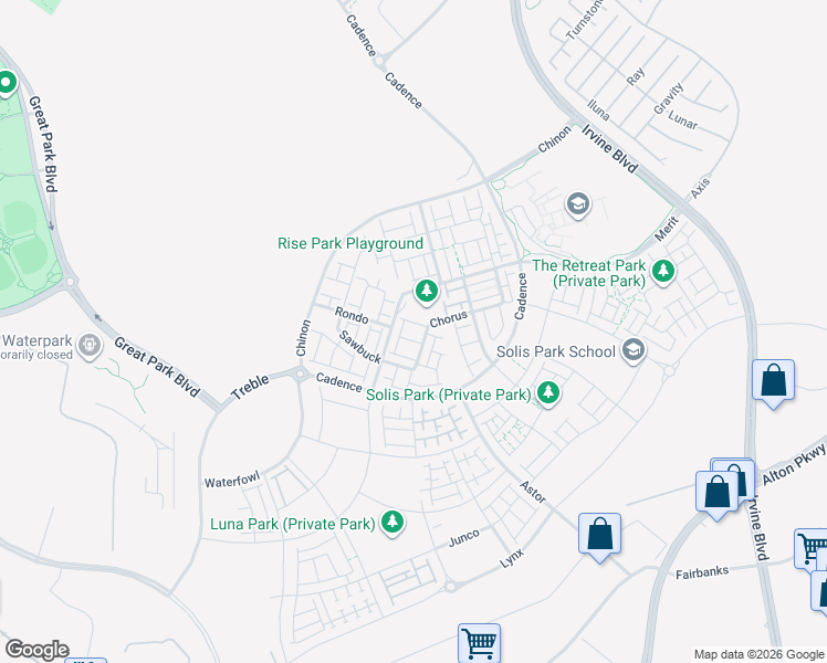 map of restaurants, bars, coffee shops, grocery stores, and more near 249 Chorus in Irvine