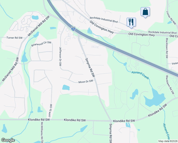 map of restaurants, bars, coffee shops, grocery stores, and more near 825 Smyrna Road Southwest in Conyers