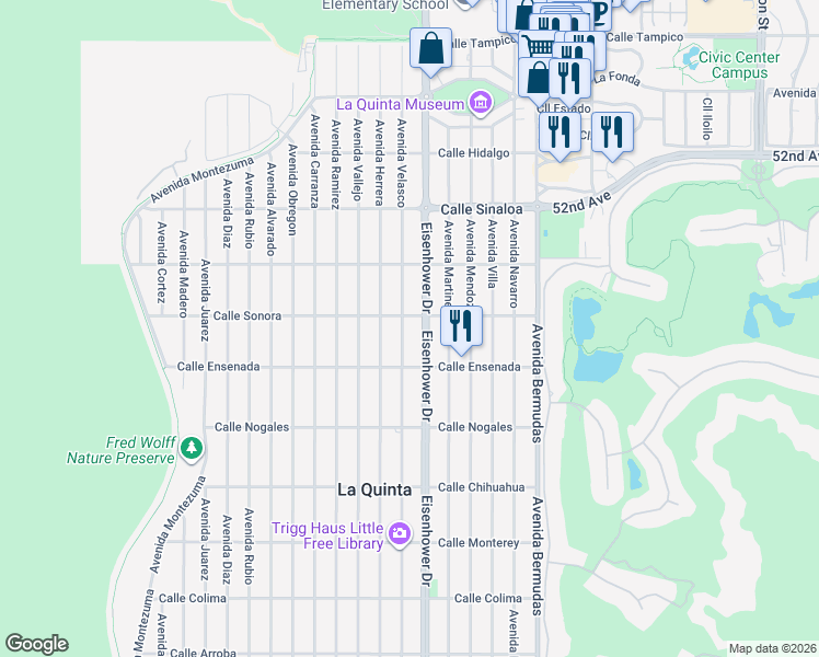 map of restaurants, bars, coffee shops, grocery stores, and more near 52300 Avenue Velasco in La Quinta