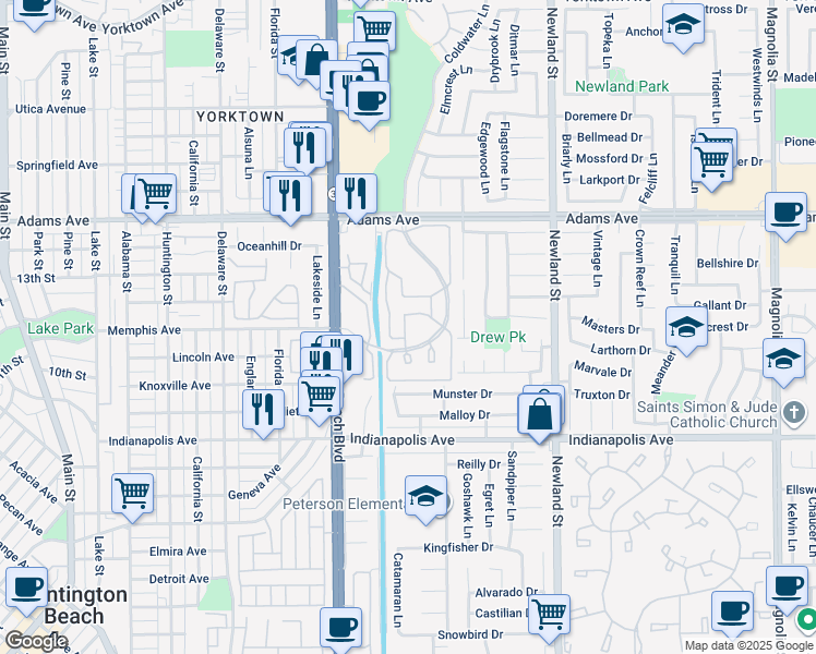 map of restaurants, bars, coffee shops, grocery stores, and more near 8152 Mainsail Drive in Huntington Beach