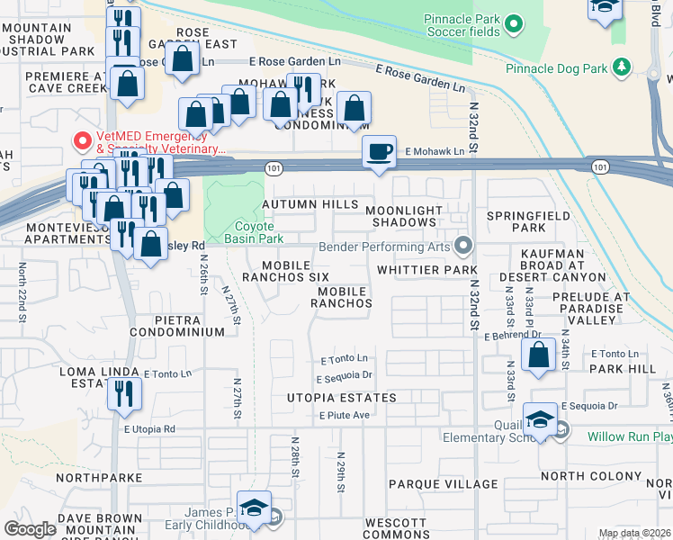map of restaurants, bars, coffee shops, grocery stores, and more near 2934 East Escuda Road in Phoenix