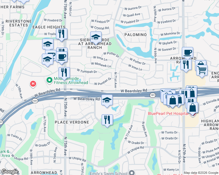 map of restaurants, bars, coffee shops, grocery stores, and more near 20211 North 71st Lane in Glendale