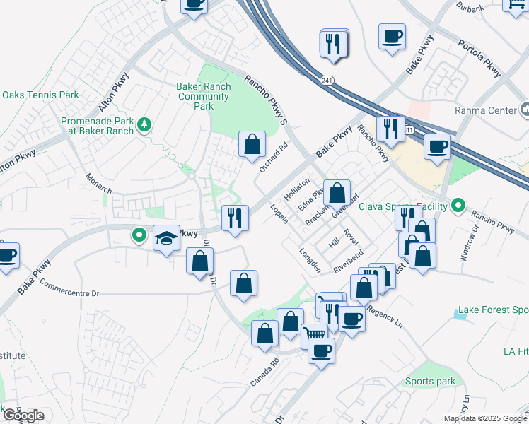 map of restaurants, bars, coffee shops, grocery stores, and more near Bake Parkway in Lake Forest