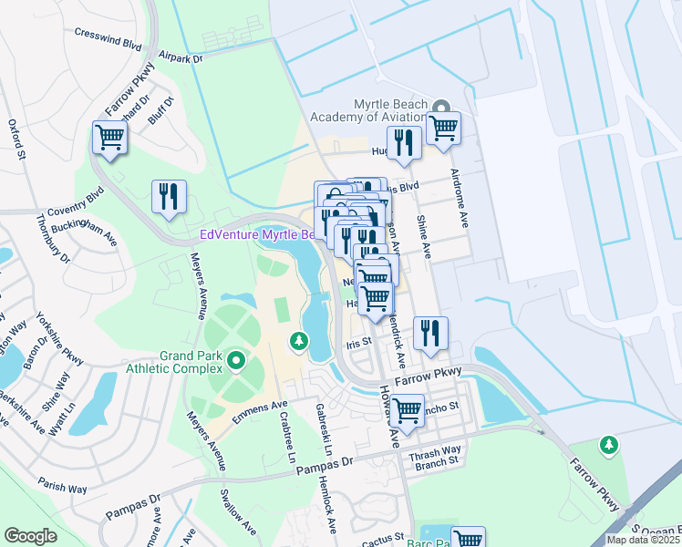 map of restaurants, bars, coffee shops, grocery stores, and more near 1160 Farrow Parkway in Myrtle Beach