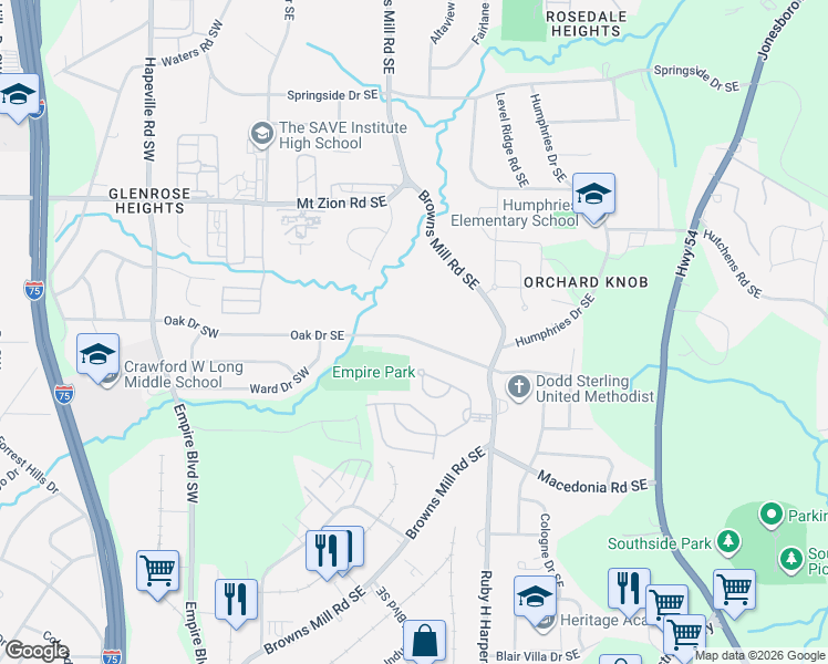 map of restaurants, bars, coffee shops, grocery stores, and more near 324 Oak Drive Southeast in Atlanta