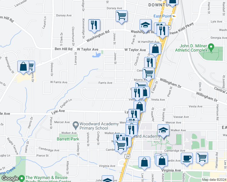 map of restaurants, bars, coffee shops, grocery stores, and more near 1827 Dunlap Avenue in East Point