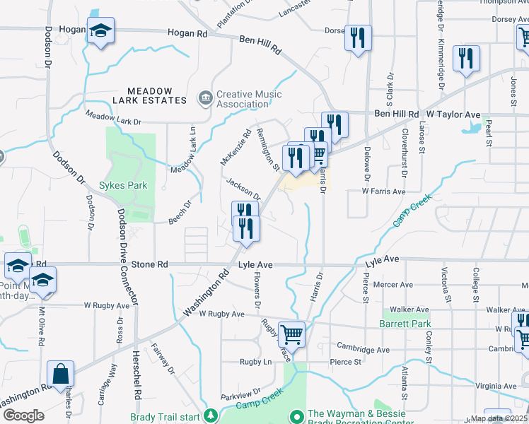 map of restaurants, bars, coffee shops, grocery stores, and more near 3168 Washington Road in Atlanta