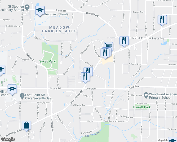 map of restaurants, bars, coffee shops, grocery stores, and more near 2320 Jackson Drive in East Point
