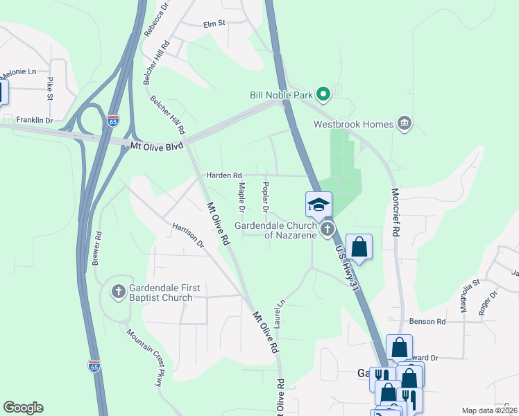 map of restaurants, bars, coffee shops, grocery stores, and more near 1819 Poplar Drive in Gardendale