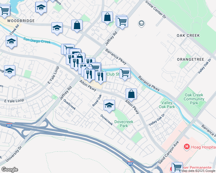 map of restaurants, bars, coffee shops, grocery stores, and more near 309 Falcon Creek in Irvine