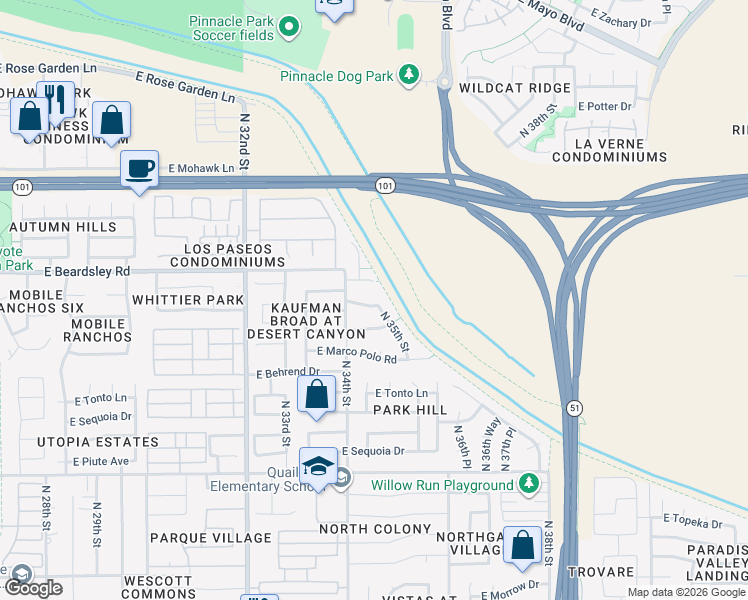 map of restaurants, bars, coffee shops, grocery stores, and more near 3431 East Menadota Drive in Phoenix