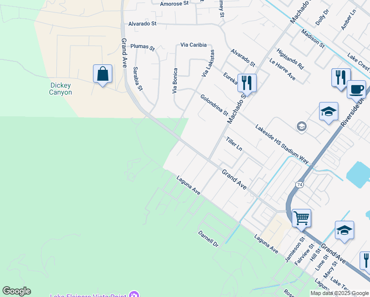 map of restaurants, bars, coffee shops, grocery stores, and more near 15045 Grand Avenue in Lake Elsinore