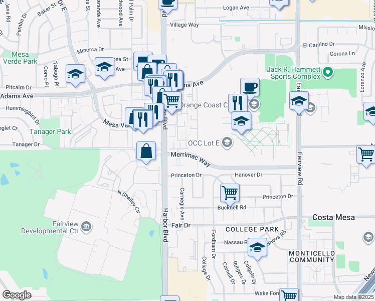 map of restaurants, bars, coffee shops, grocery stores, and more near 403 Aura Drive in Costa Mesa