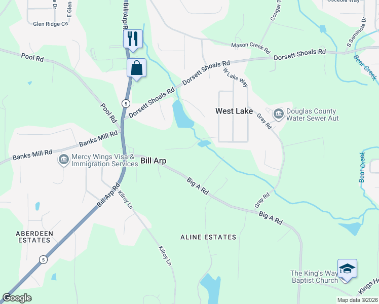 map of restaurants, bars, coffee shops, grocery stores, and more near 6874 Lakeshore Drive in Douglasville