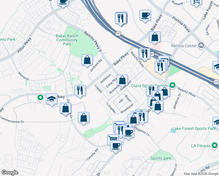map of restaurants, bars, coffee shops, grocery stores, and more near 20621 Lake Forest Drive in Lake Forest