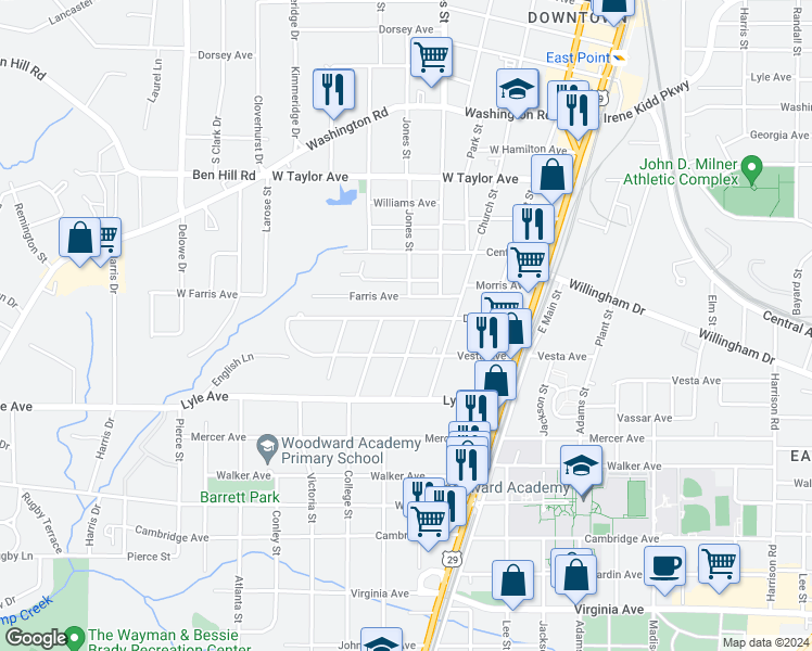 map of restaurants, bars, coffee shops, grocery stores, and more near 1836 Dunlap Avenue in Atlanta
