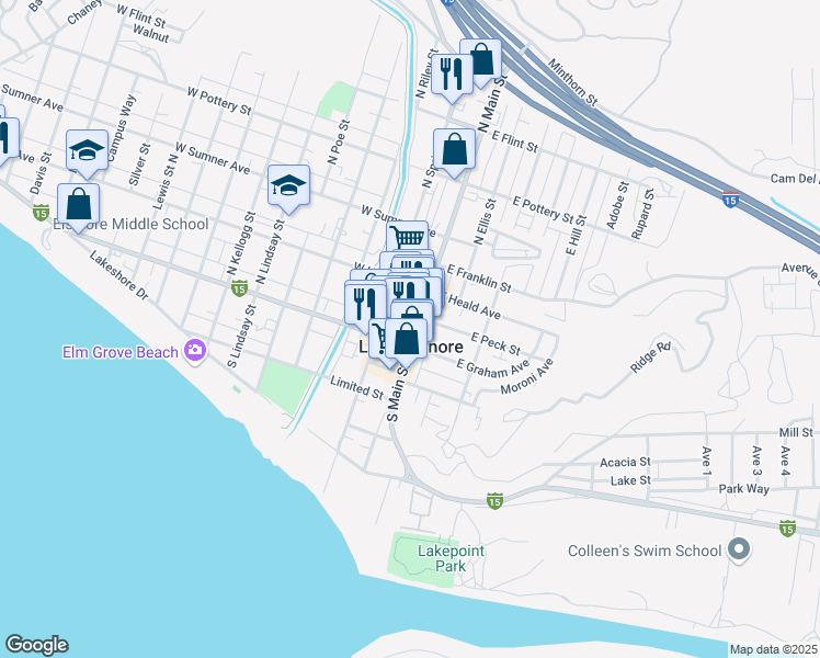 map of restaurants, bars, coffee shops, grocery stores, and more near 123 North Main Street in Lake Elsinore