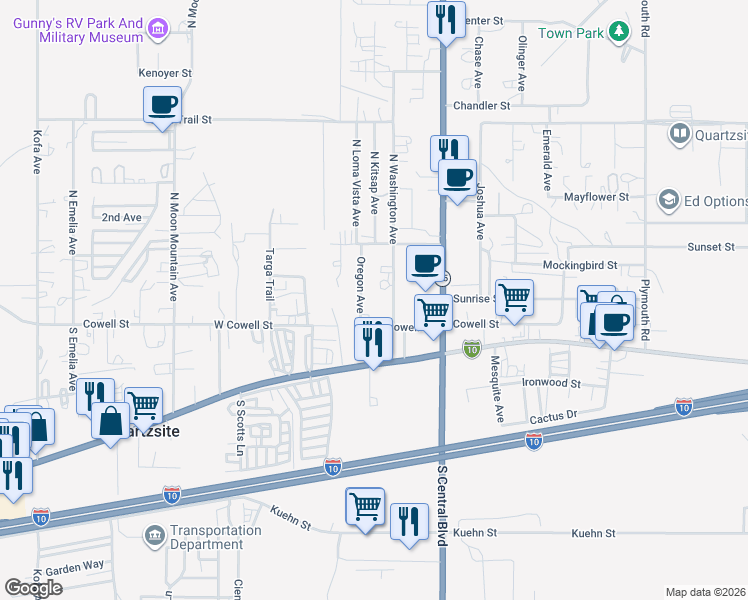 map of restaurants, bars, coffee shops, grocery stores, and more near 65 Oregon Avenue in Quartzsite