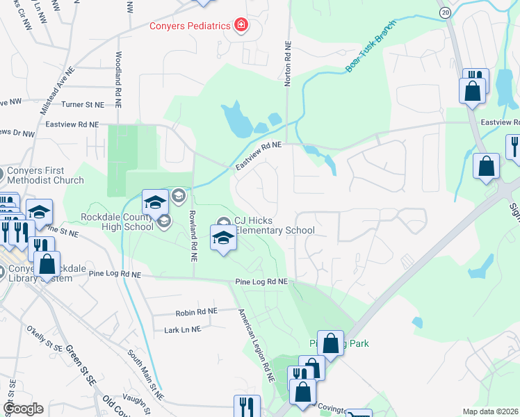 map of restaurants, bars, coffee shops, grocery stores, and more near 980 Woodbridge Way Northeast in Conyers