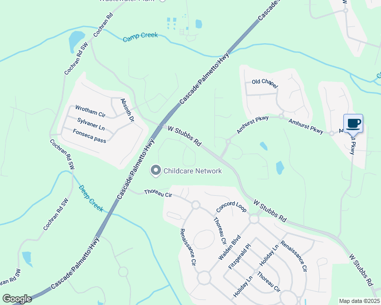 map of restaurants, bars, coffee shops, grocery stores, and more near 3114 Thicket Lane in South Fulton