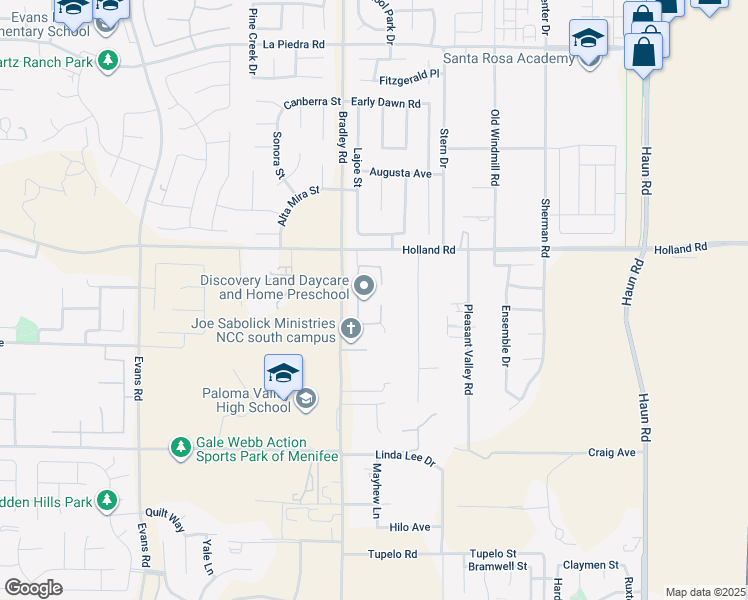 map of restaurants, bars, coffee shops, grocery stores, and more near 31117 Bowery Court in Menifee