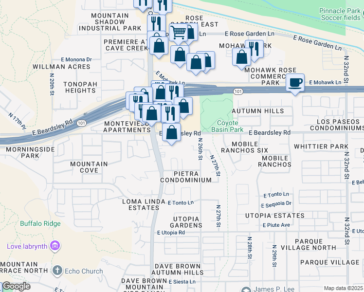 map of restaurants, bars, coffee shops, grocery stores, and more near 2525 East Beardsley Road in Phoenix