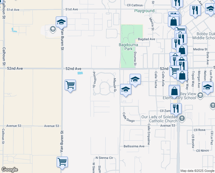 map of restaurants, bars, coffee shops, grocery stores, and more near 52123 Prosecco Way in Coachella