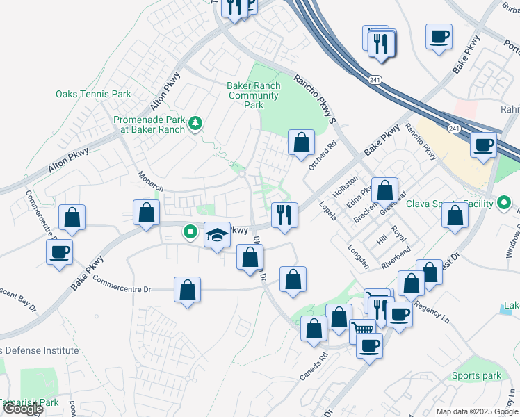 map of restaurants, bars, coffee shops, grocery stores, and more near 16 Agave in Lake Forest