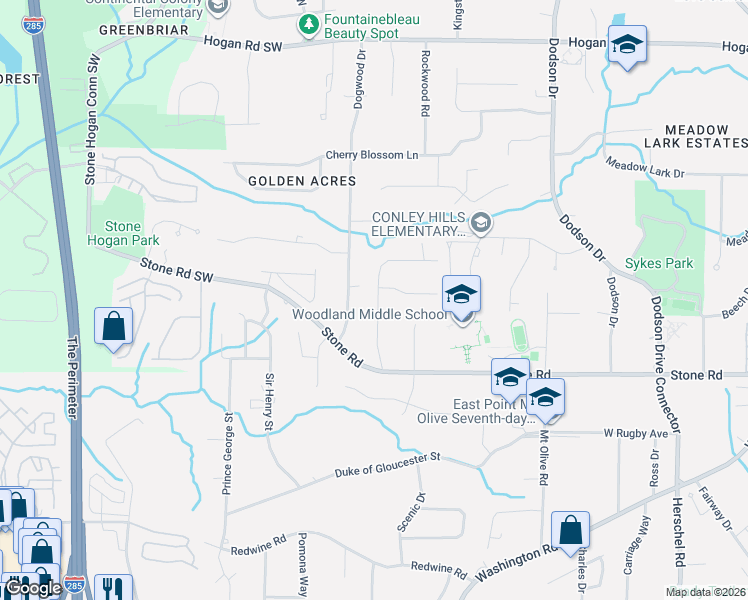 map of restaurants, bars, coffee shops, grocery stores, and more near 3192 Briarwood Boulevard in East Point