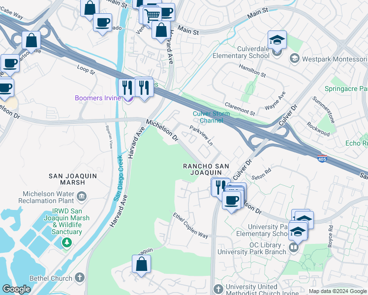 map of restaurants, bars, coffee shops, grocery stores, and more near Michelson Drive in Irvine