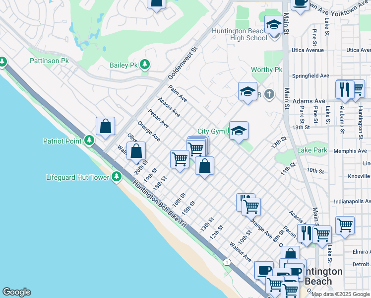 map of restaurants, bars, coffee shops, grocery stores, and more near 419 18th Street in Huntington Beach